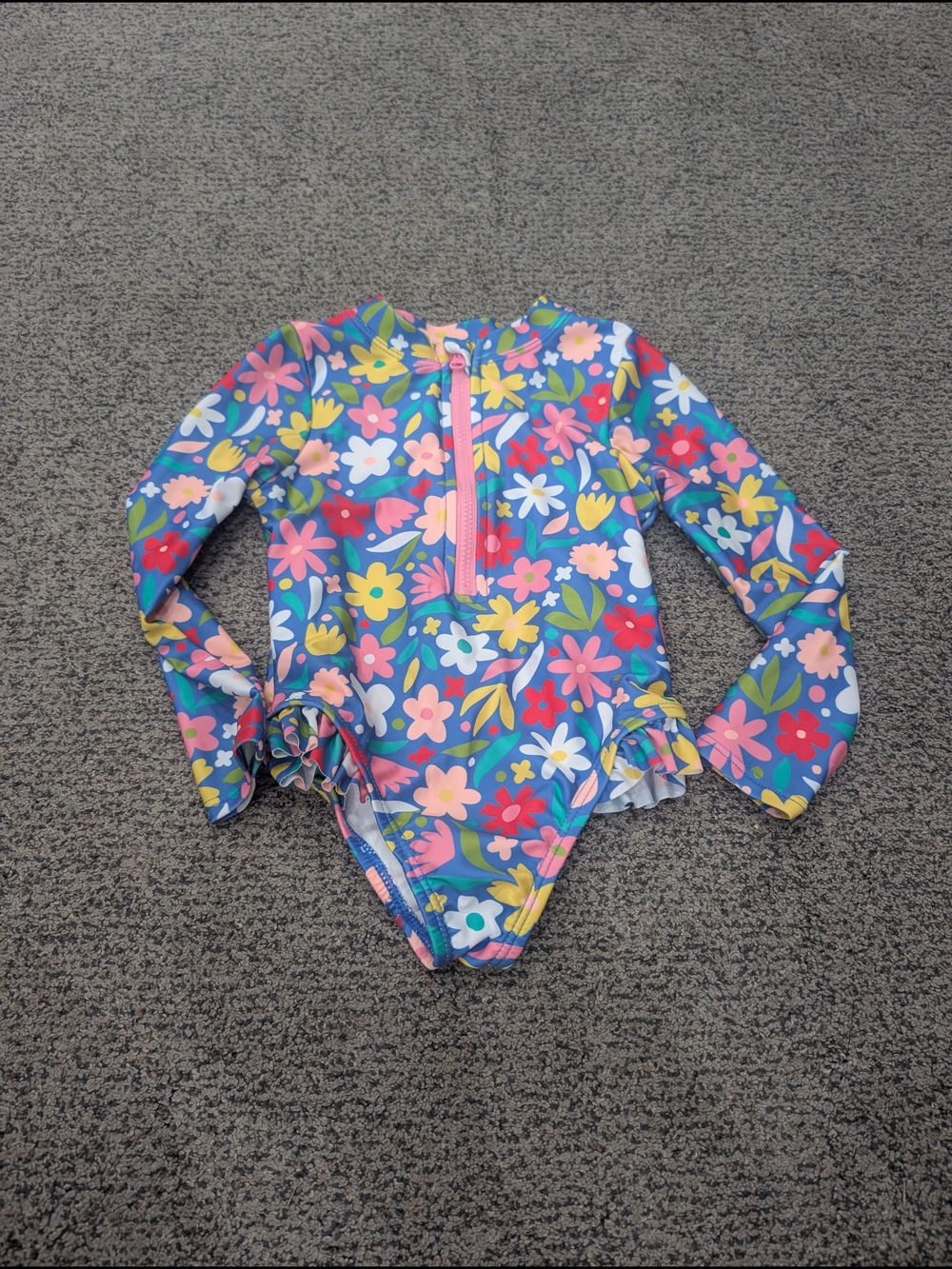 wonder nation Girls' Floral Long-Sleeve One-Piece Swimsuit - Blue, Pink, Yellow